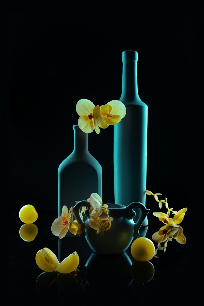 Golden Orchids Teal Bottles by Lydia Jacobs