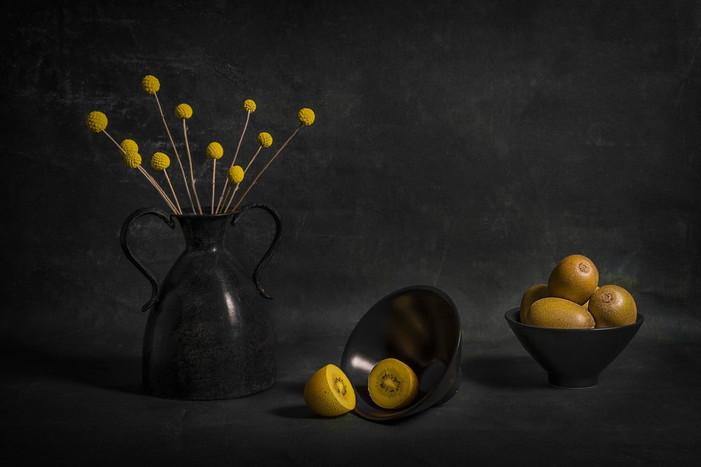Moody Golden Kiwi and Flowers by Lydia Jacobs