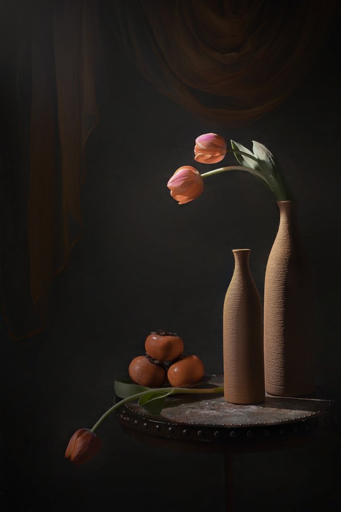 Moody Tulips and Fruit by Lydia Jacobs