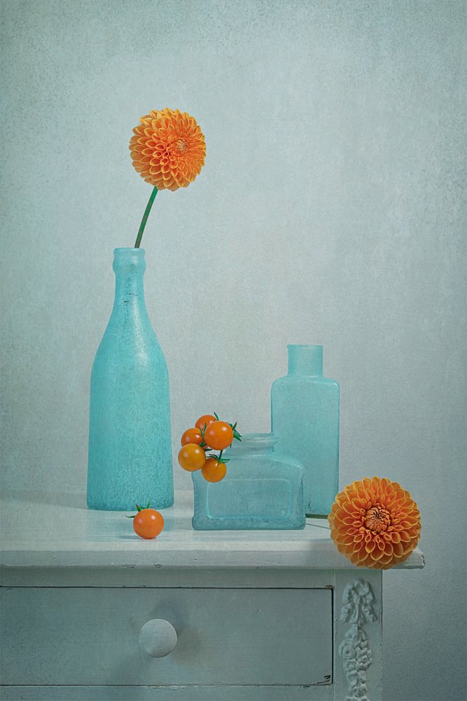 Orange Dahlia Blue Vases by Lydia Jacobs
