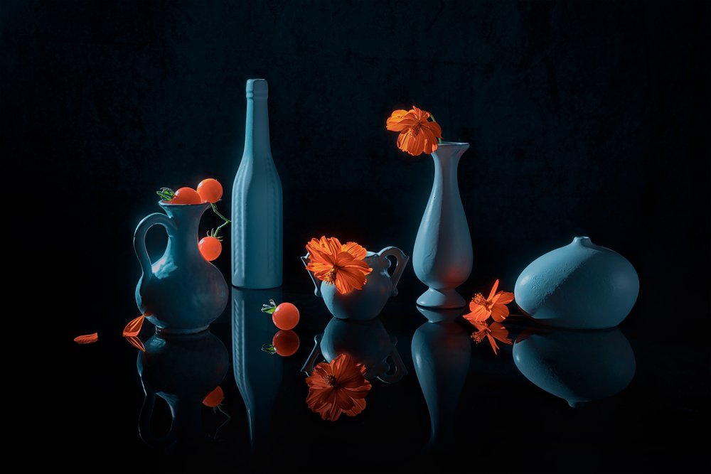 Orange Flowers Blue Vases by Lydia Jacobs