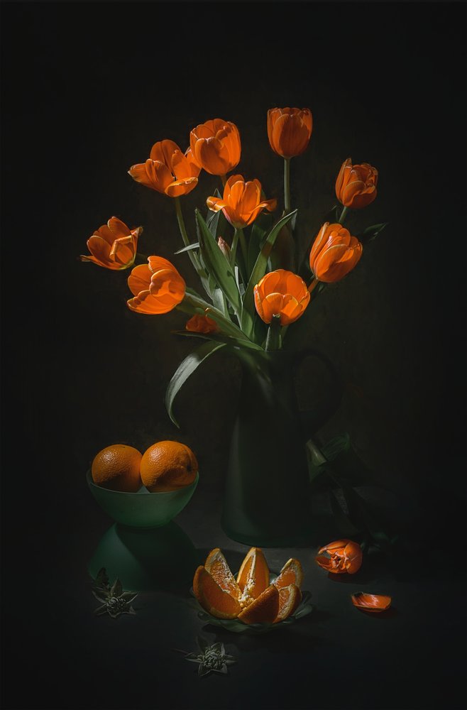 Orange Tulips Still Life by Lydia Jacobs