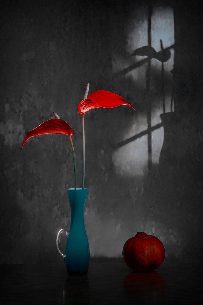 Red Anthuriums Blue Vase by Lydia Jacobs