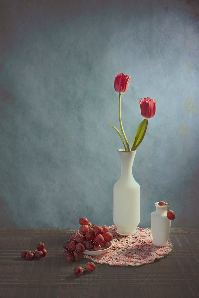 Red Tulips and Grapes by Lydia Jacobs