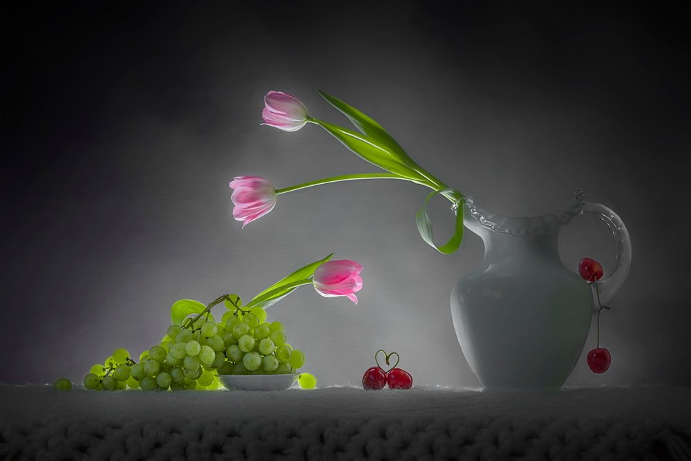 Romantic Tulips Fruit Still Life by Lydia Jacobs