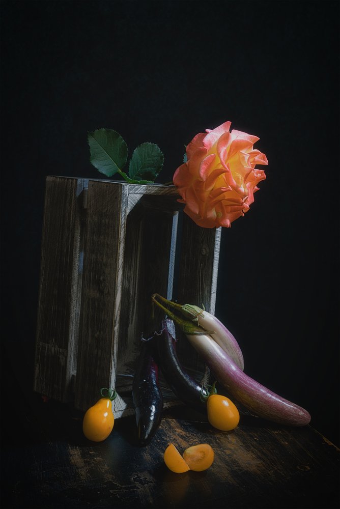 Rose and Produce Still Life by Lydia Jacobs