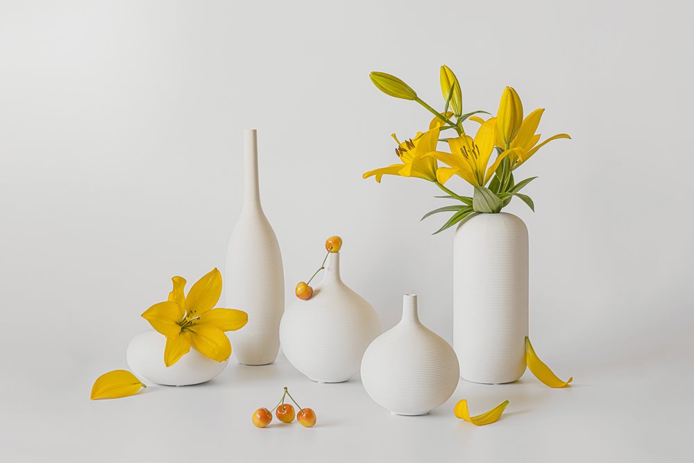 White Vases Yellow Lilies by Lydia Jacobs