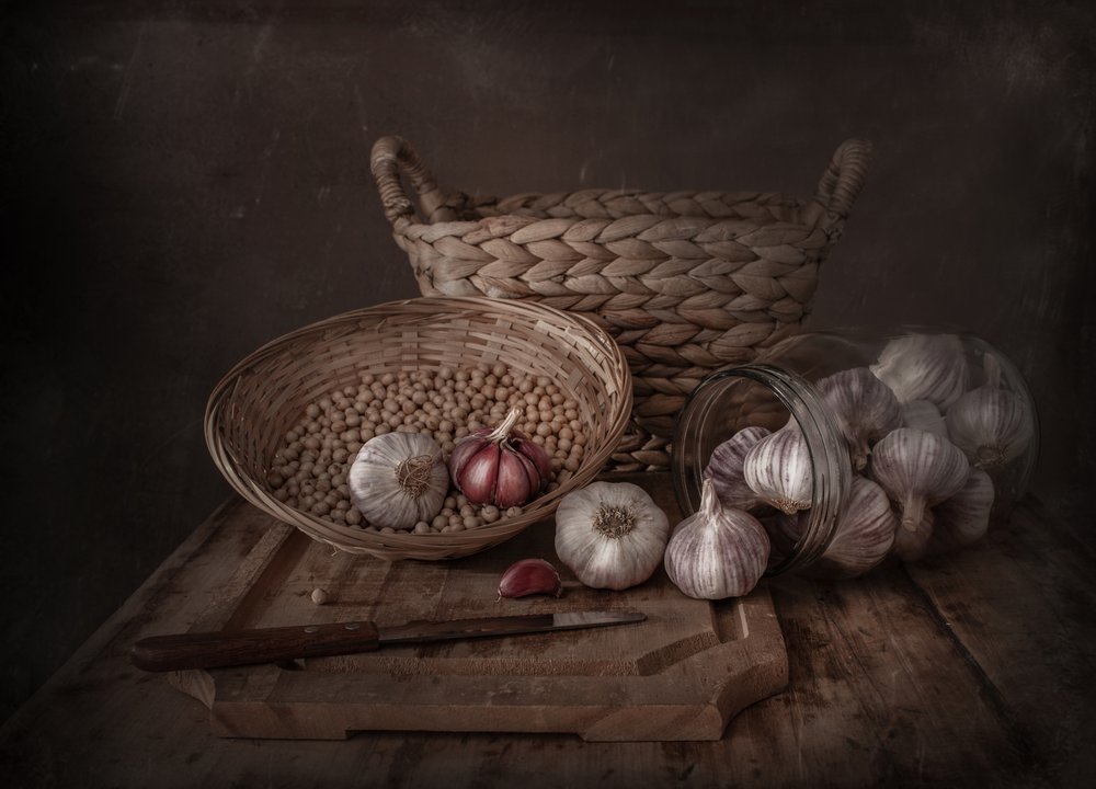 Dark Rustic Garlic Still Life by Margareth Perfoncio