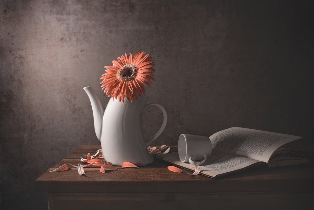 Orange Daisy and Broken Teapot by Margareth Perfoncio