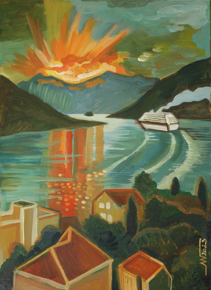 Vibrant Fjord Cruise Sunset by Marina Gorkaeva