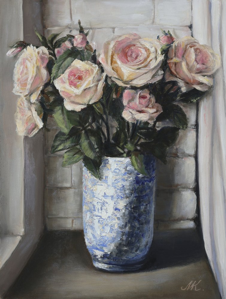 Pink Roses on Windowsill - Blue Ceramic Vase Painting by Marina Kozyr