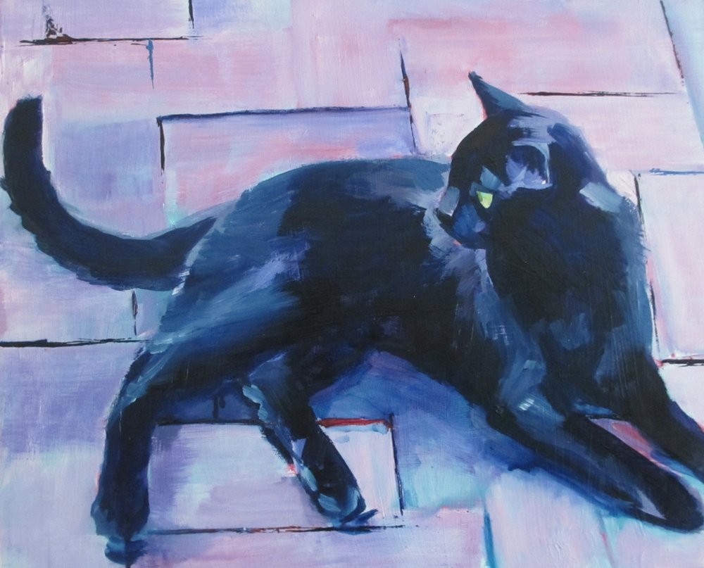 Black Cat Purple Floor by Maxine Shore