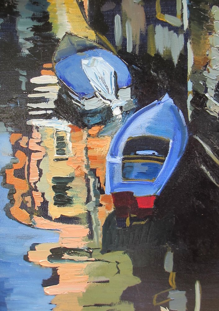 Blue Boats Canal Reflections by Maxine Shore
