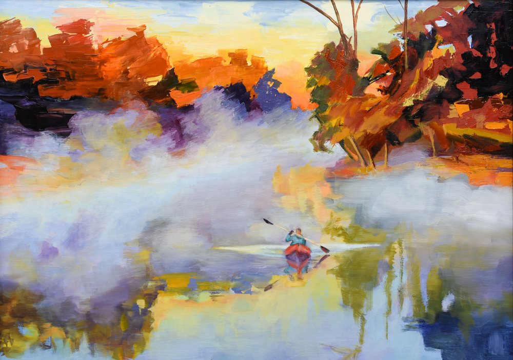 Misty Autumn Kayak by Maxine Shore