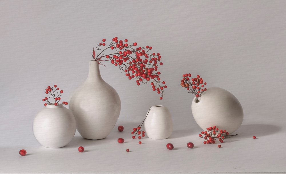 Red Berries White Vases by May G