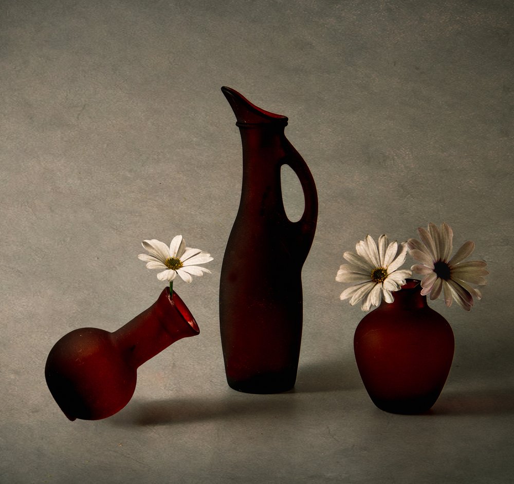 Red Vases White Daisies by May G