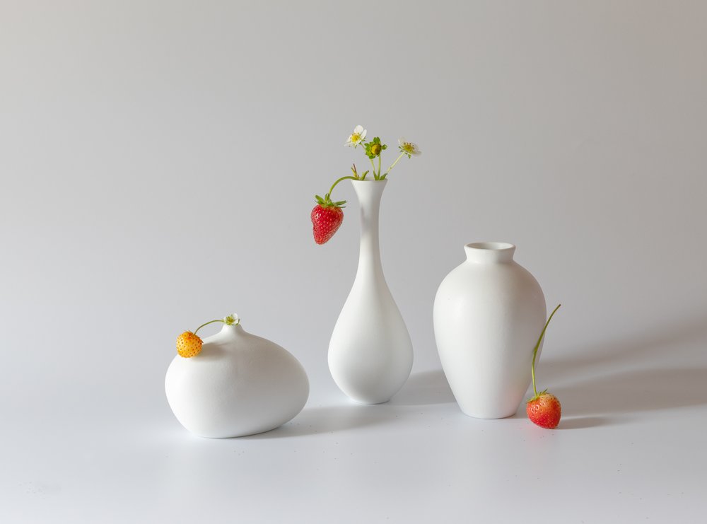 Strawberries and White Vases by May G