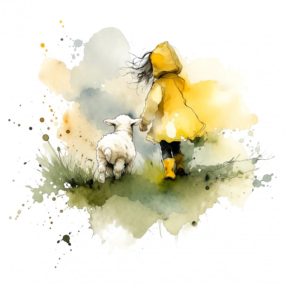 Child in Yellow Raincoat Walking with Lamb by Natalie Bruns
