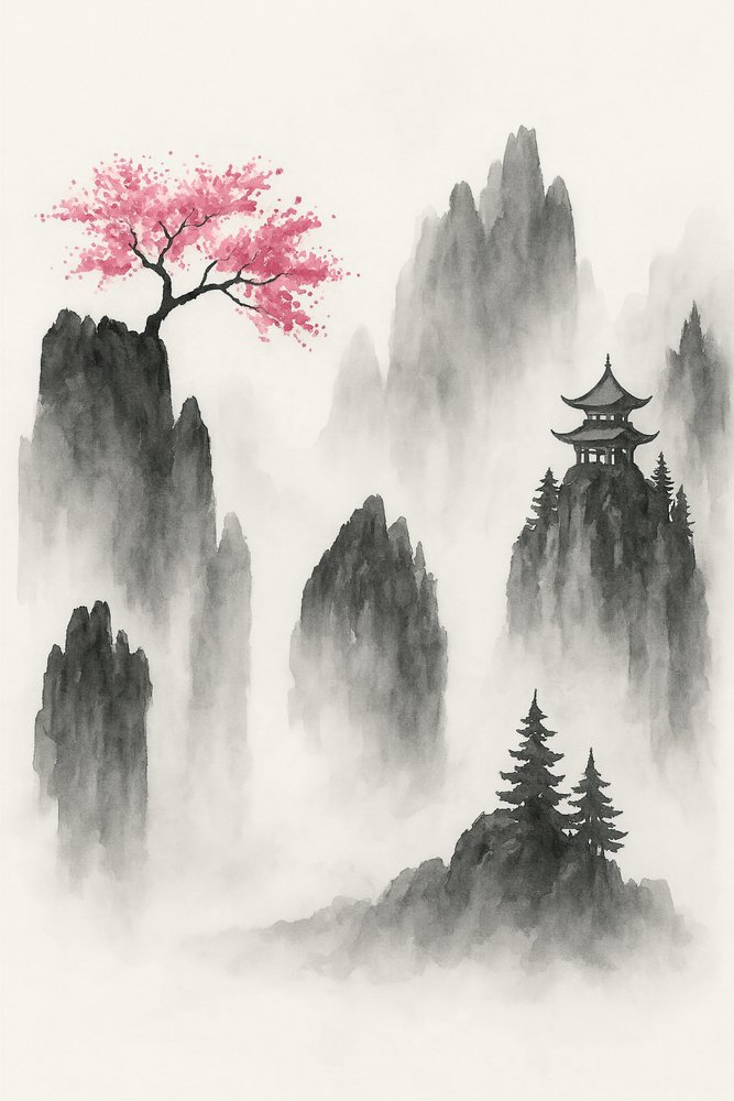 Japanese Mountain Landscape with Sakura Tree and Temple by Natalie Bruns