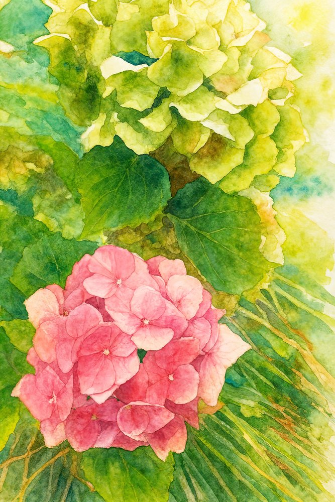 Pink And Green Hydrangeas by Natalie Bruns