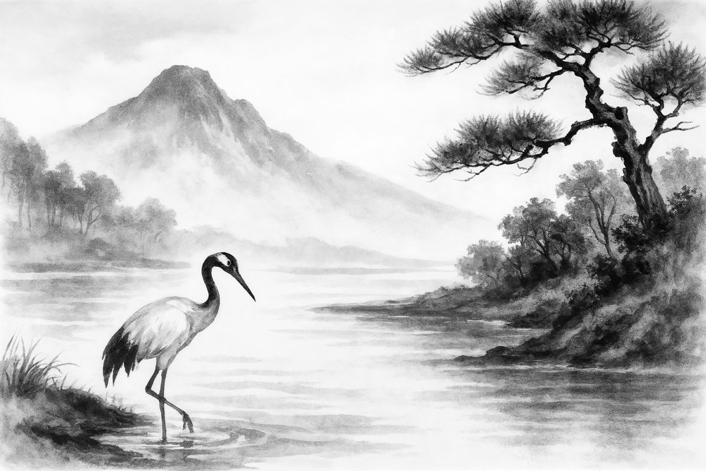 Tranquil Crane Lake Scene by Natalie Bruns