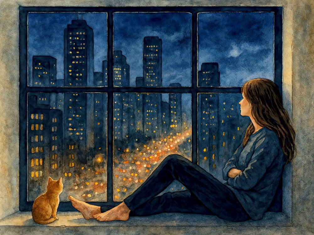 Woman Cat City Window by Natalie Bruns