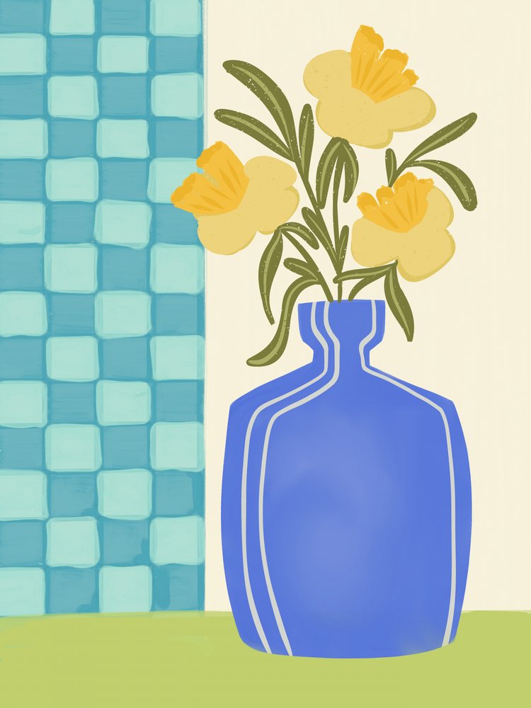 Yellow Flowers Blue Vase by Nikita Jariwala