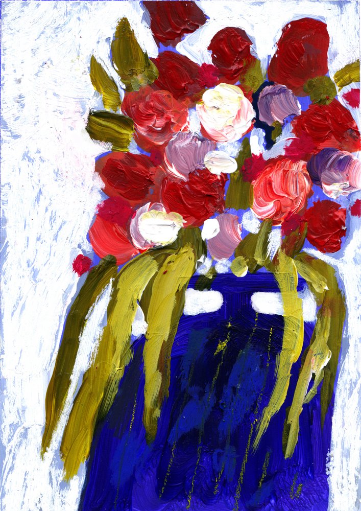 Colorful Flowers Blue Vase by Olga Skomorokhova
