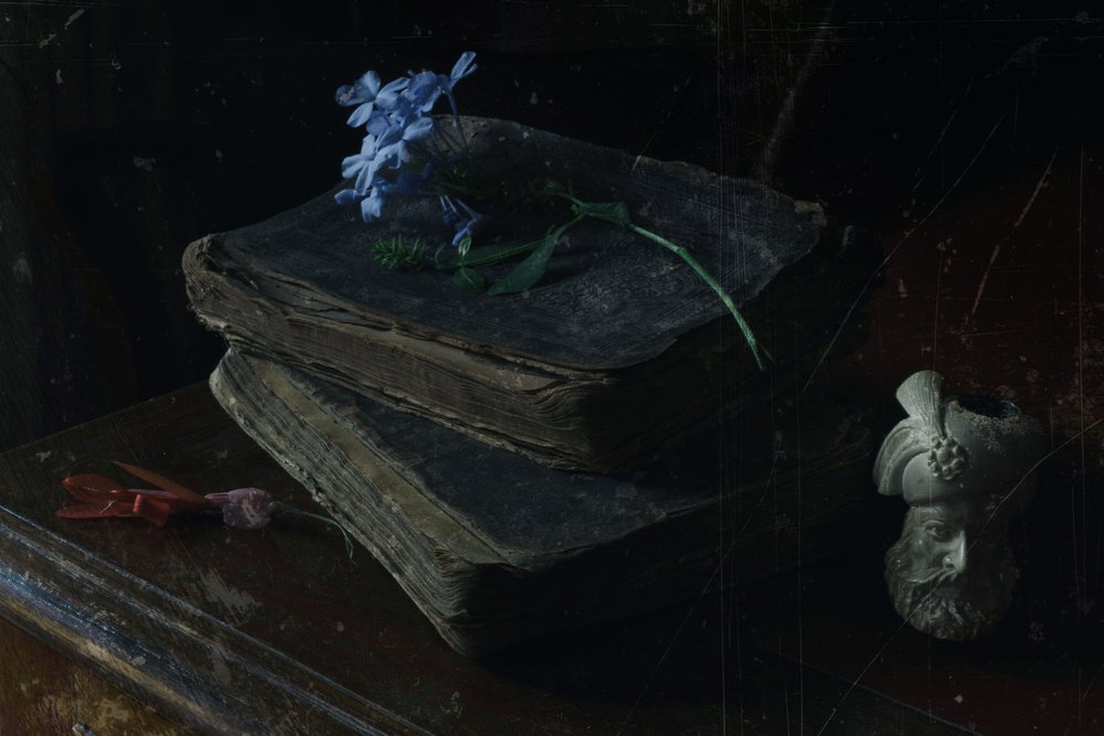 Antique Books and Blue Blooms by Ramiz Sahin
