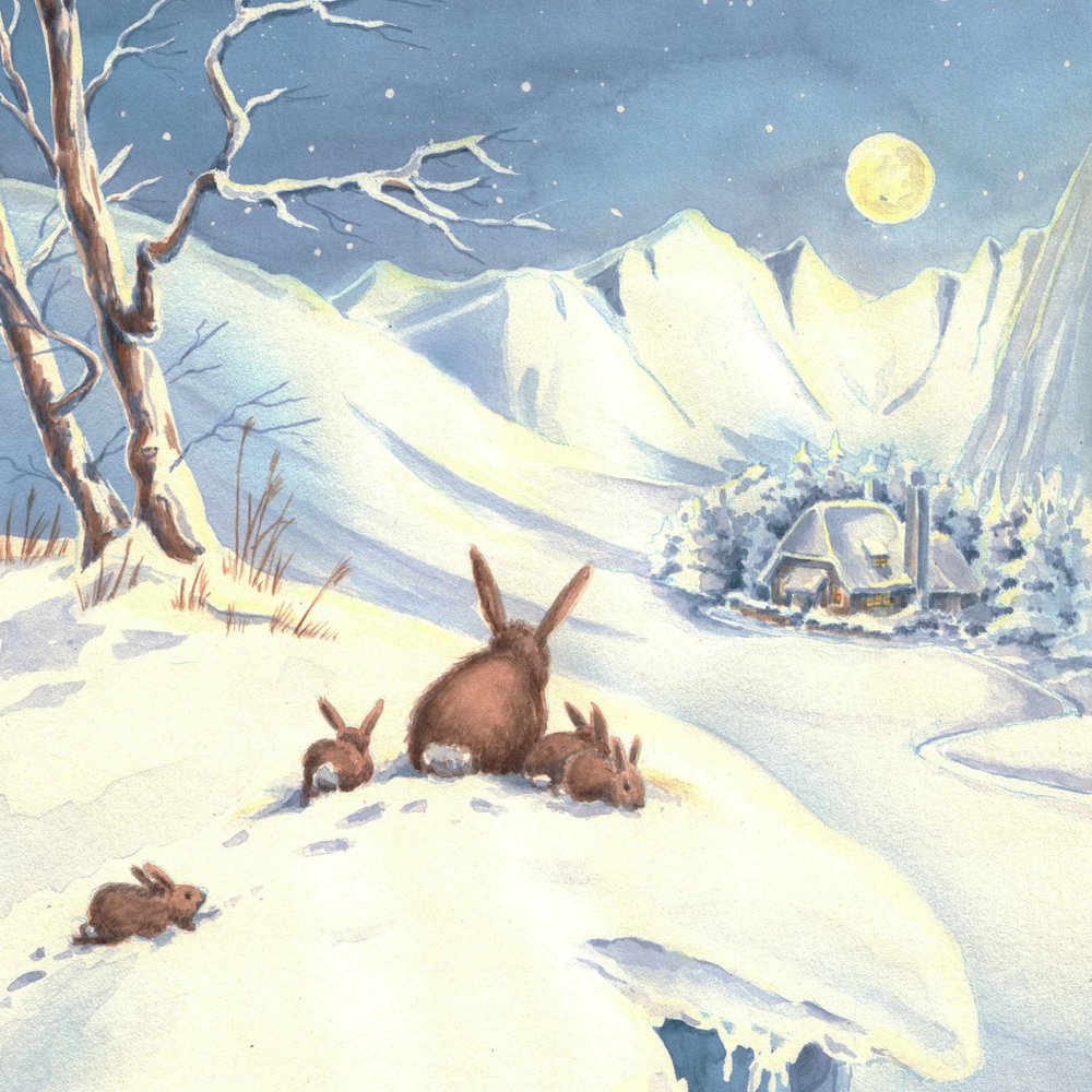 Snowy Night Rabbit Family by Renate Holzner