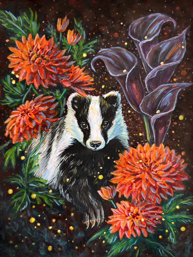 Magical Badger Blooms by Renee Machan Cottagecore Artist