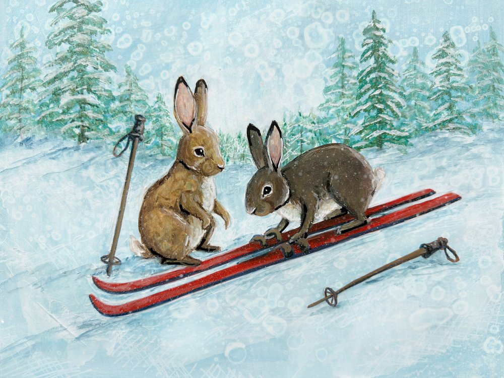 Playful Skiing Hares by Renee Machan Cottagecore Artist