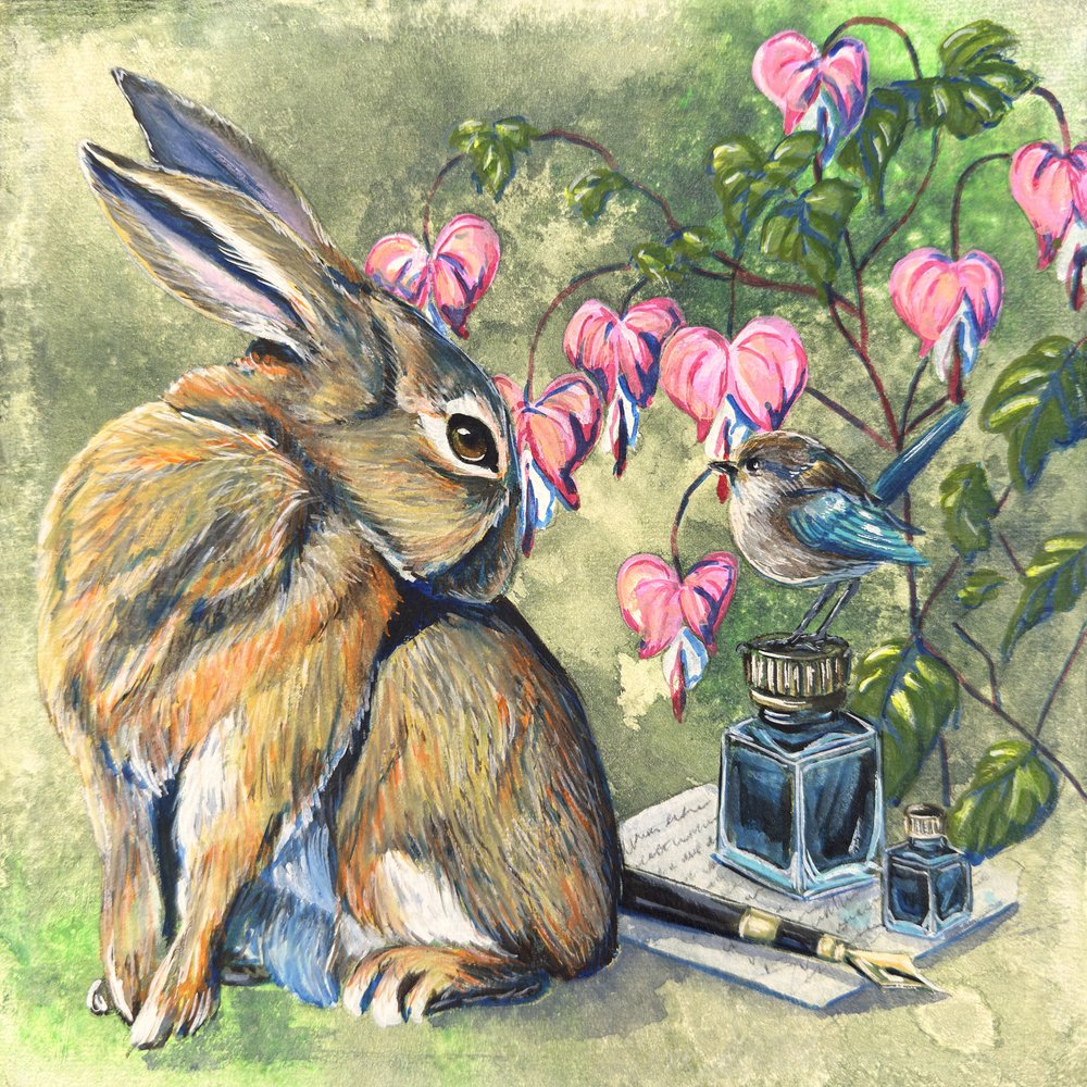 Whimsical Rabbit and Bird by Renee Machan Cottagecore Artist