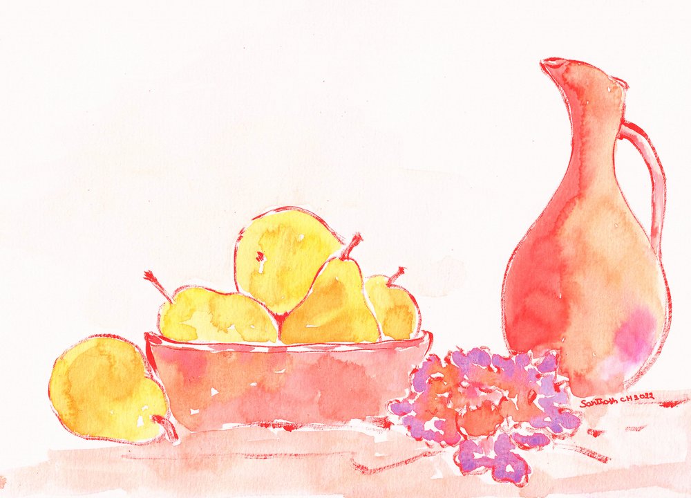 Watercolor Pears and Pitcher by Santhosh ch