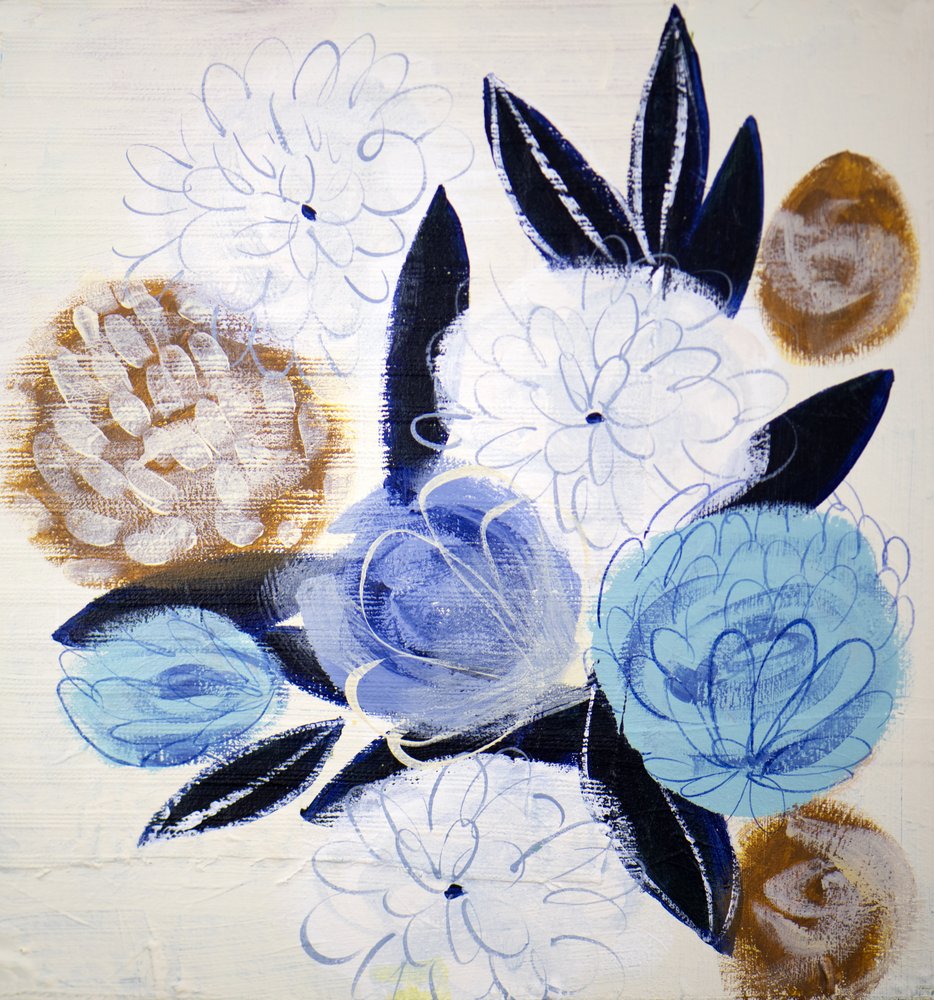 Abstract Blue Gold Flowers by Shelley Hampe