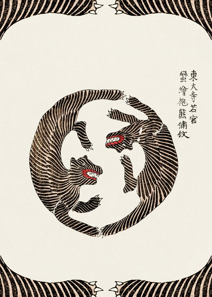 Woodblock Tigers From Yatsuo No Tsubaki By Taguchi Tomoki by Taguchi Tomoki