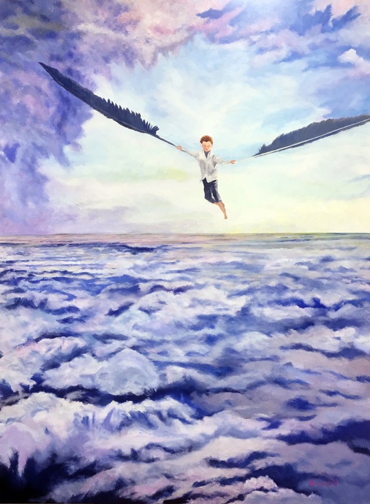 Boy Flying Above Clouds by Tom Blood