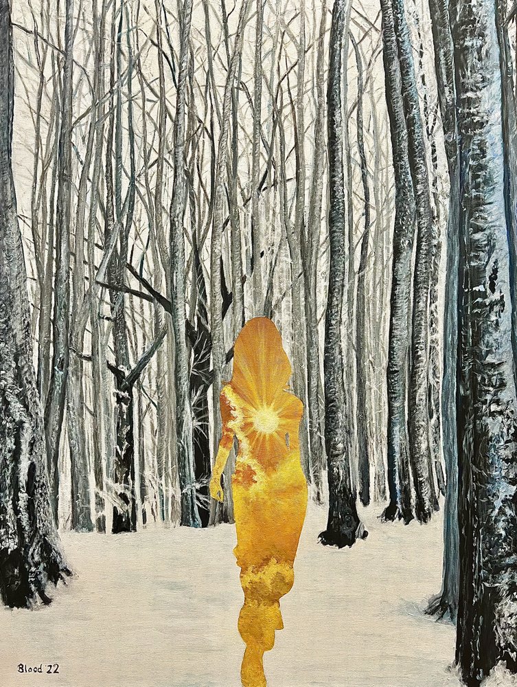 Golden Woman in Winter Forest by Tom Blood