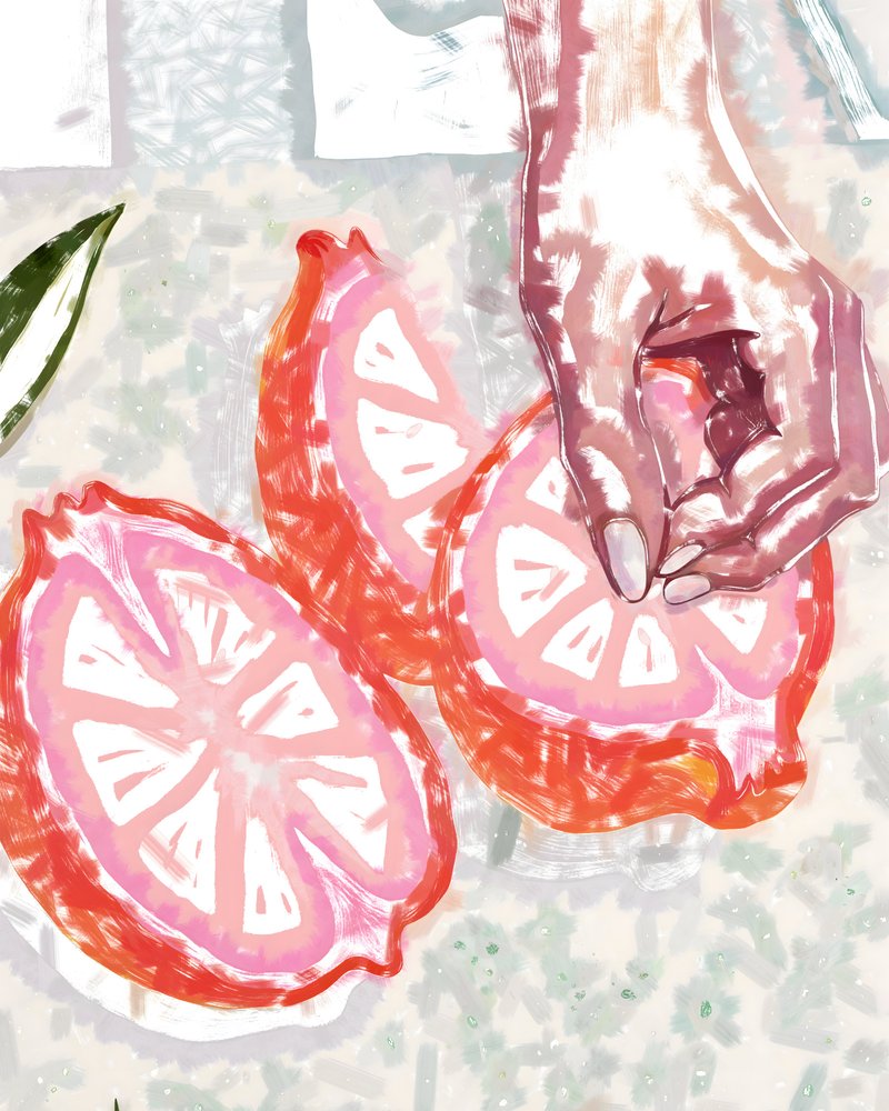 Hand and Pink Citrus by Uma Gokhale