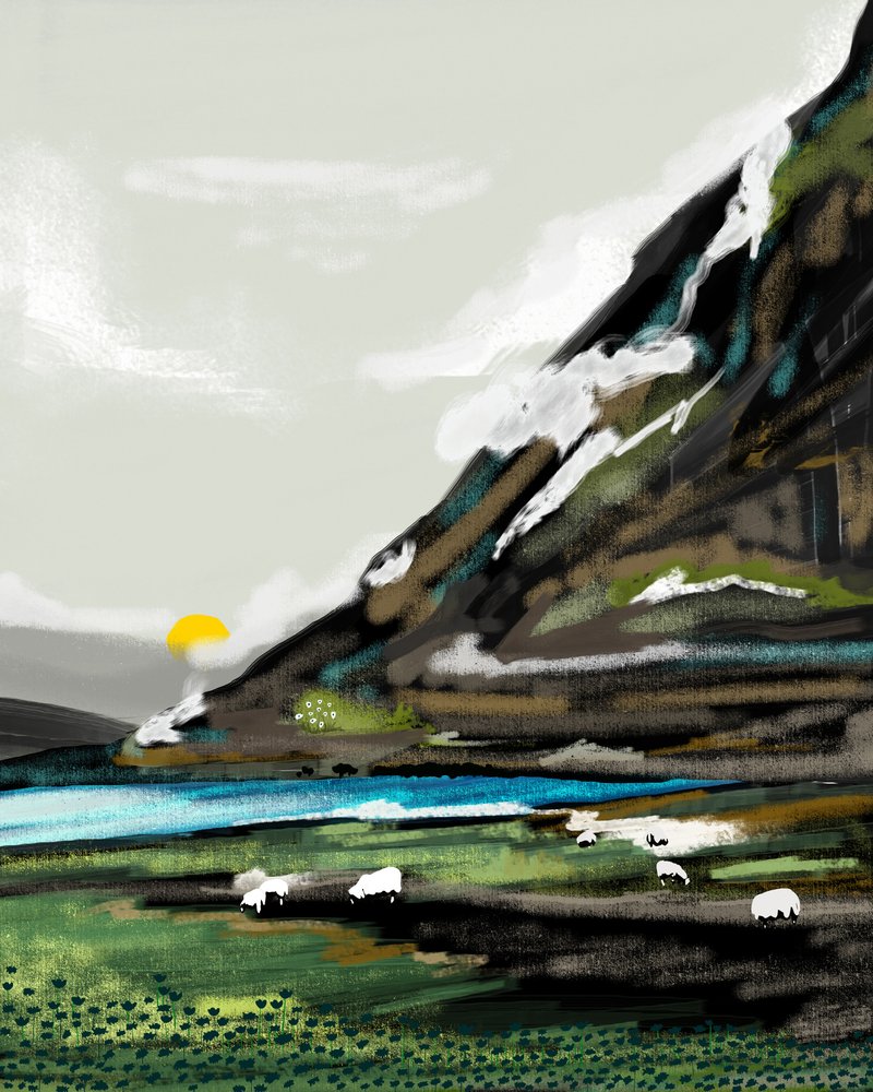 Peaceful Mountain Sheep Landscape by Uma Gokhale