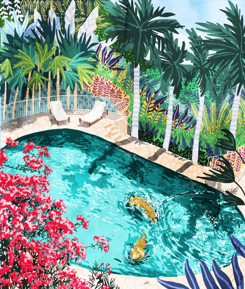 Tigers In Tropical Pool by Uma Gokhale