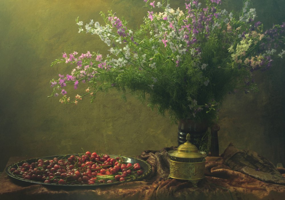 Vintage Cherries Wildflowers by UstinaGreen