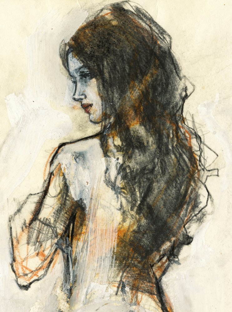 Woman Sketch with Flowing Hair by Ute Rathmann