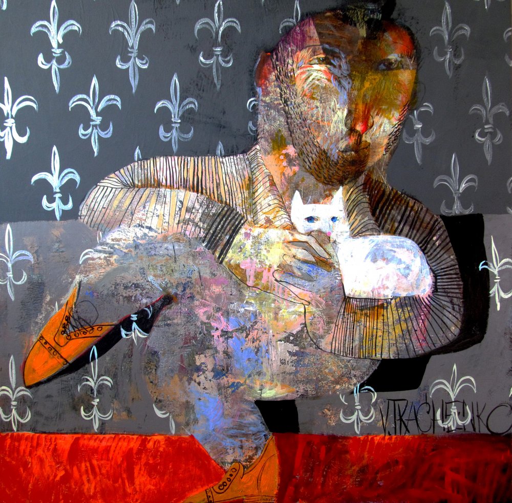 Abstract Man Holding Cat by Victor Tkachenko