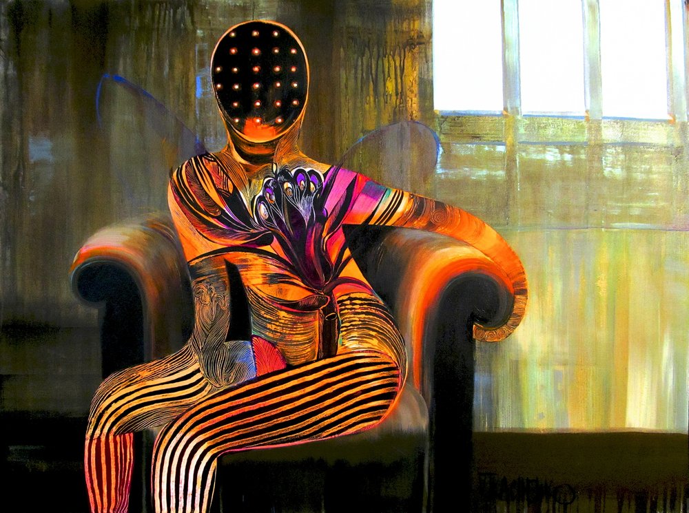 Contemplative Orange Figure by Victor Tkachenko