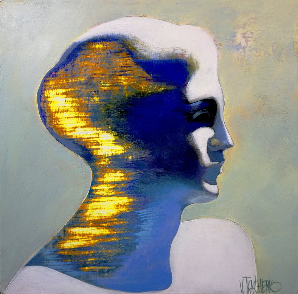 Golden Blue Abstract Portrait by Victor Tkachenko