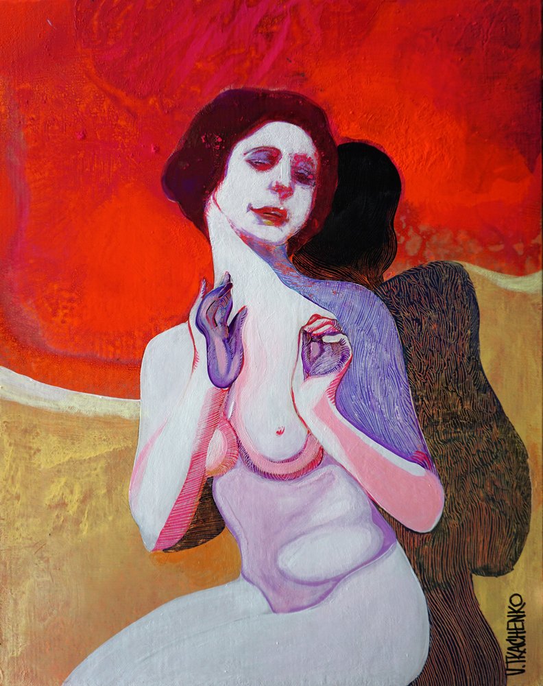 Pensive Woman in Red by Victor Tkachenko