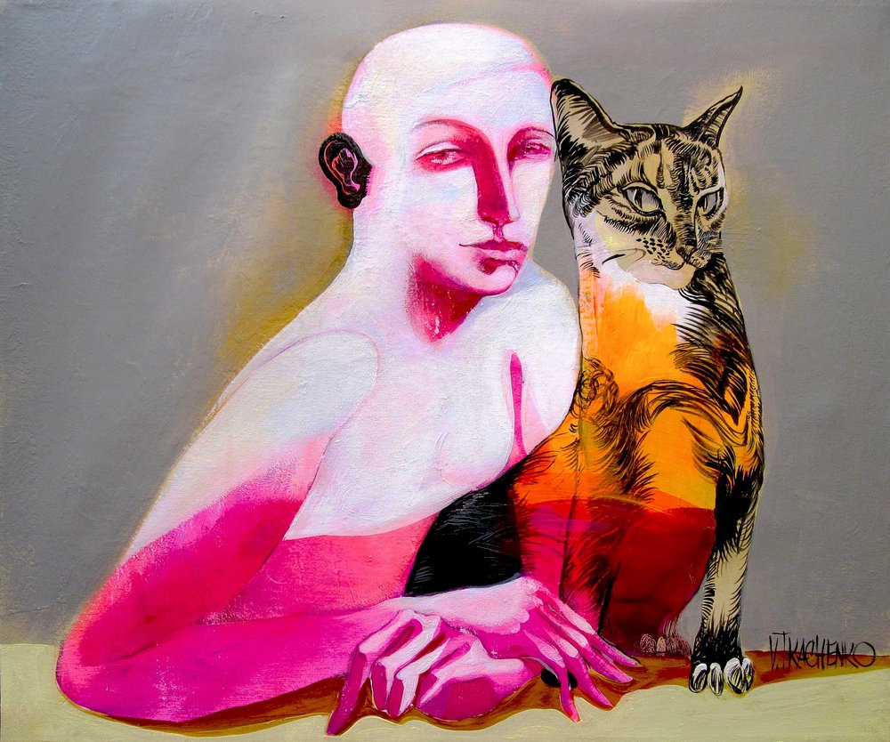 Pink Figure and Cat by Victor Tkachenko