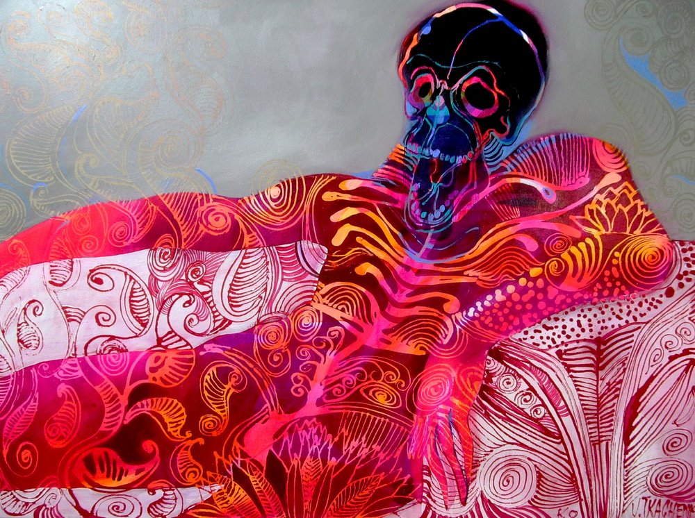 Vibrant Reclining Skull by Victor Tkachenko