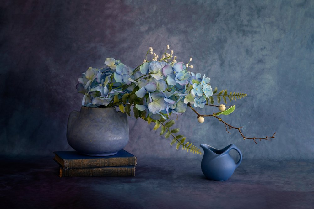 Elegant Blue Hydrangea Still Life by Wendy Xu